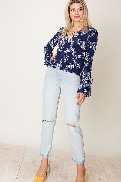 Fashion on Earth Floral Surplice Top with Cage Front - Navy - Ella J Boutique