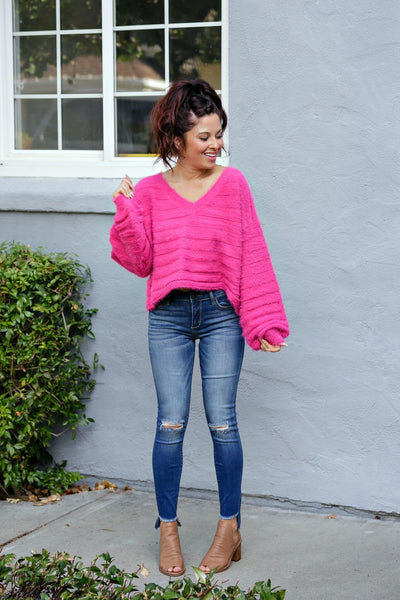 Cotton Candy Bishop Sleeve V-Neck Fuzzy Sweater - Pink - Ella J Boutique